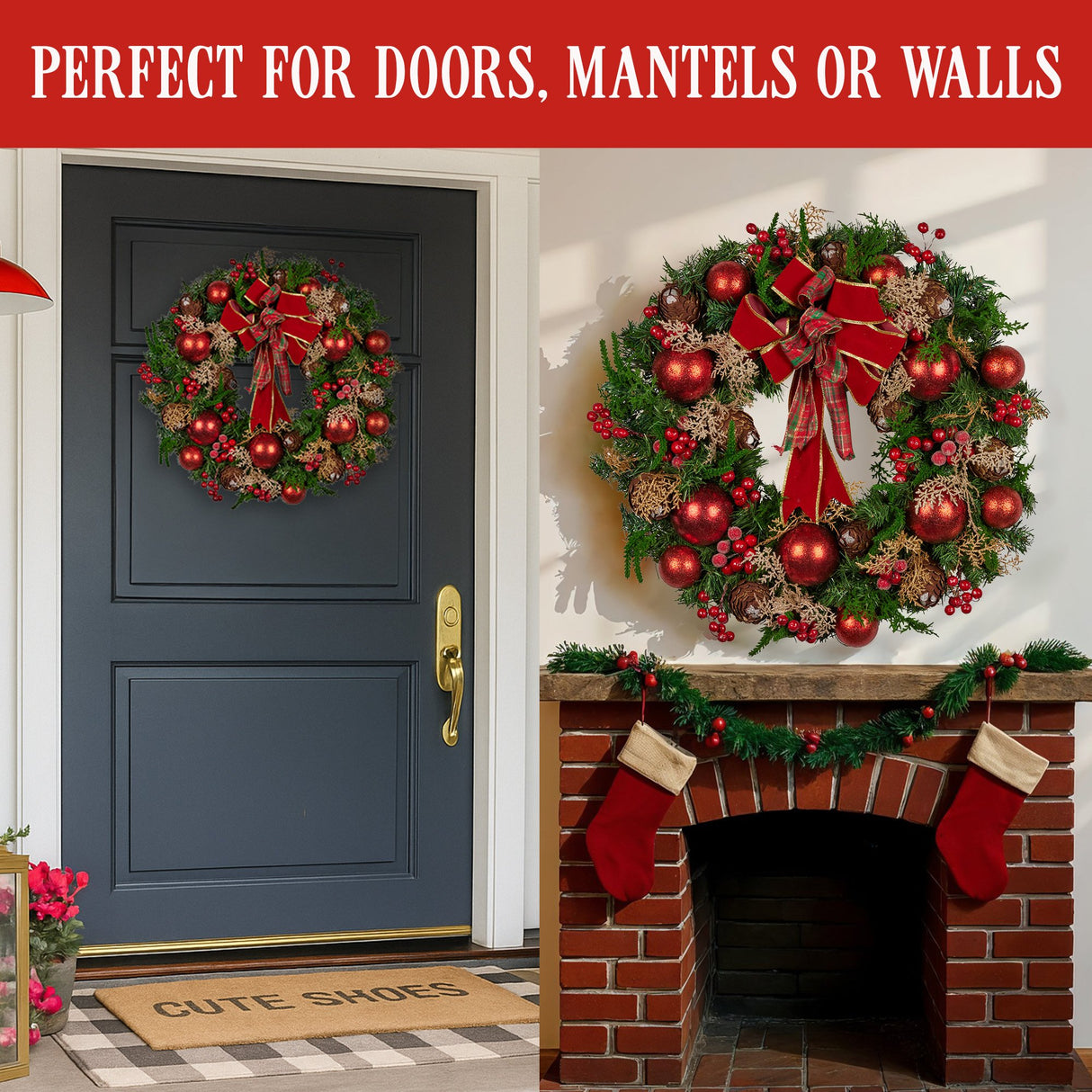 Christabelle 56cm Christmas Wreath Lush Green Door Decor, Red Berries Pine Cones