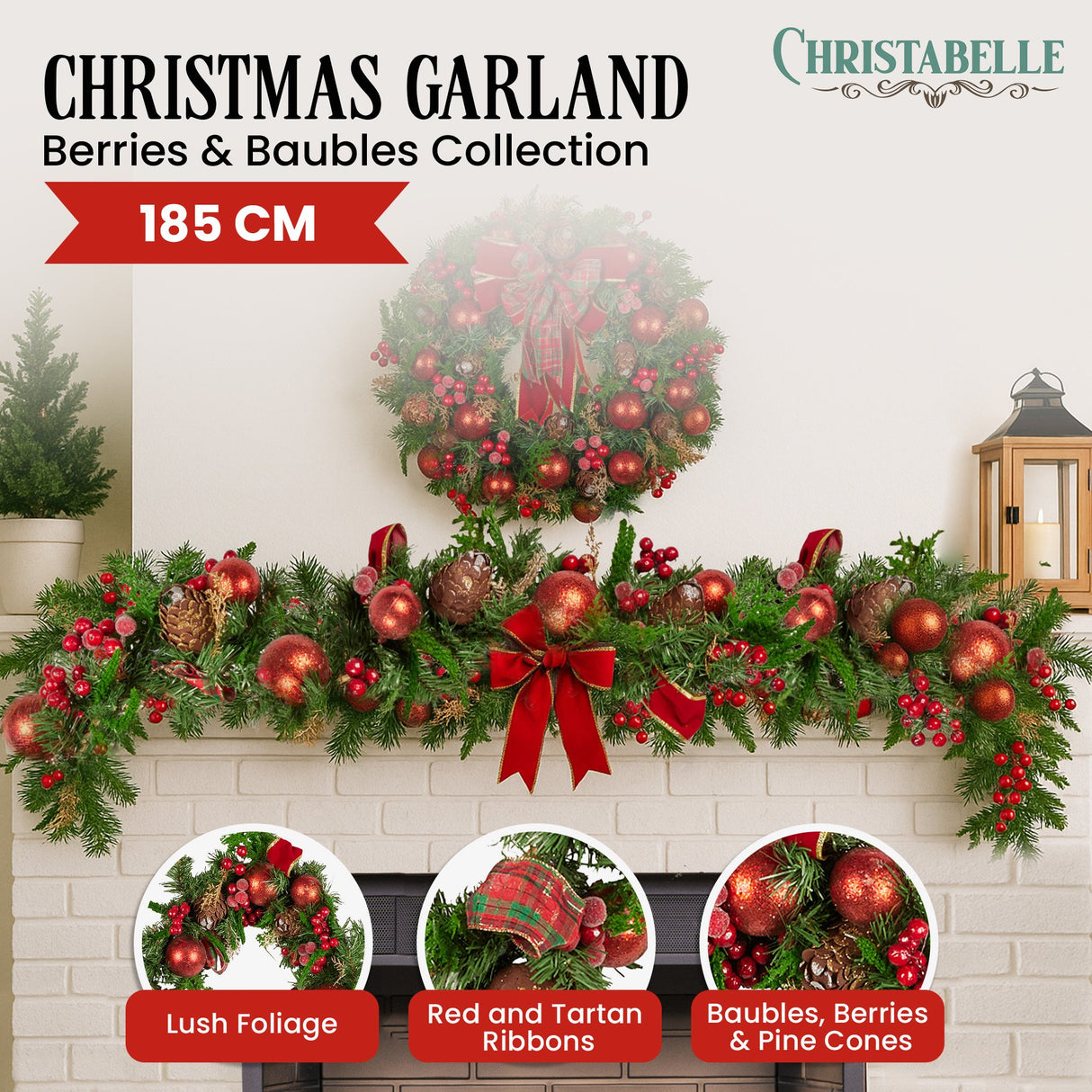Christabelle 185cm Christmas Garland Lush Green Decor Red Berries & Pine Cones