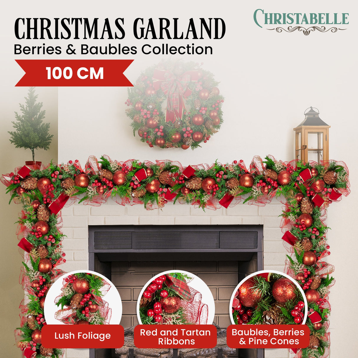 Christabelle 100cm Christmas Garland Lush Green Decor with Red Berries & Cones
