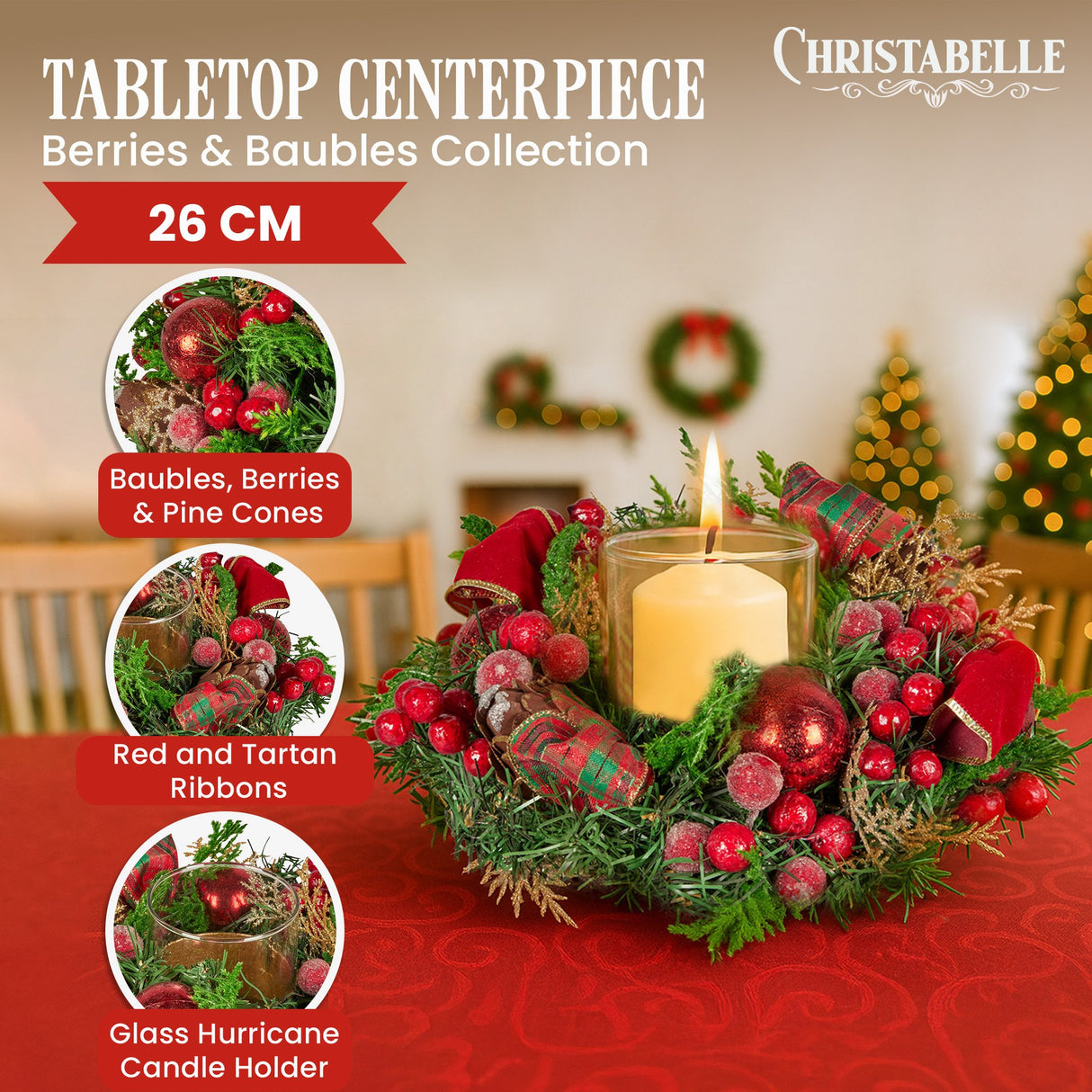 Christabelle 26cm Christmas Centrepiece Lush Green Decor Berries & Baubles