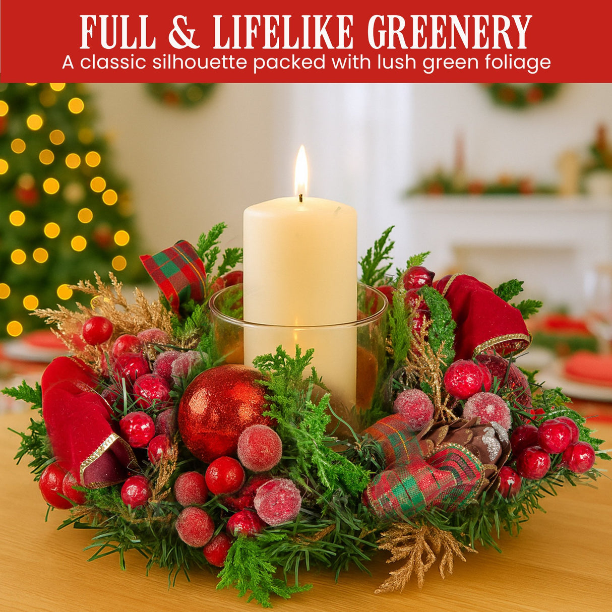 Christabelle 26cm Christmas Centrepiece Lush Green Decor Berries & Baubles