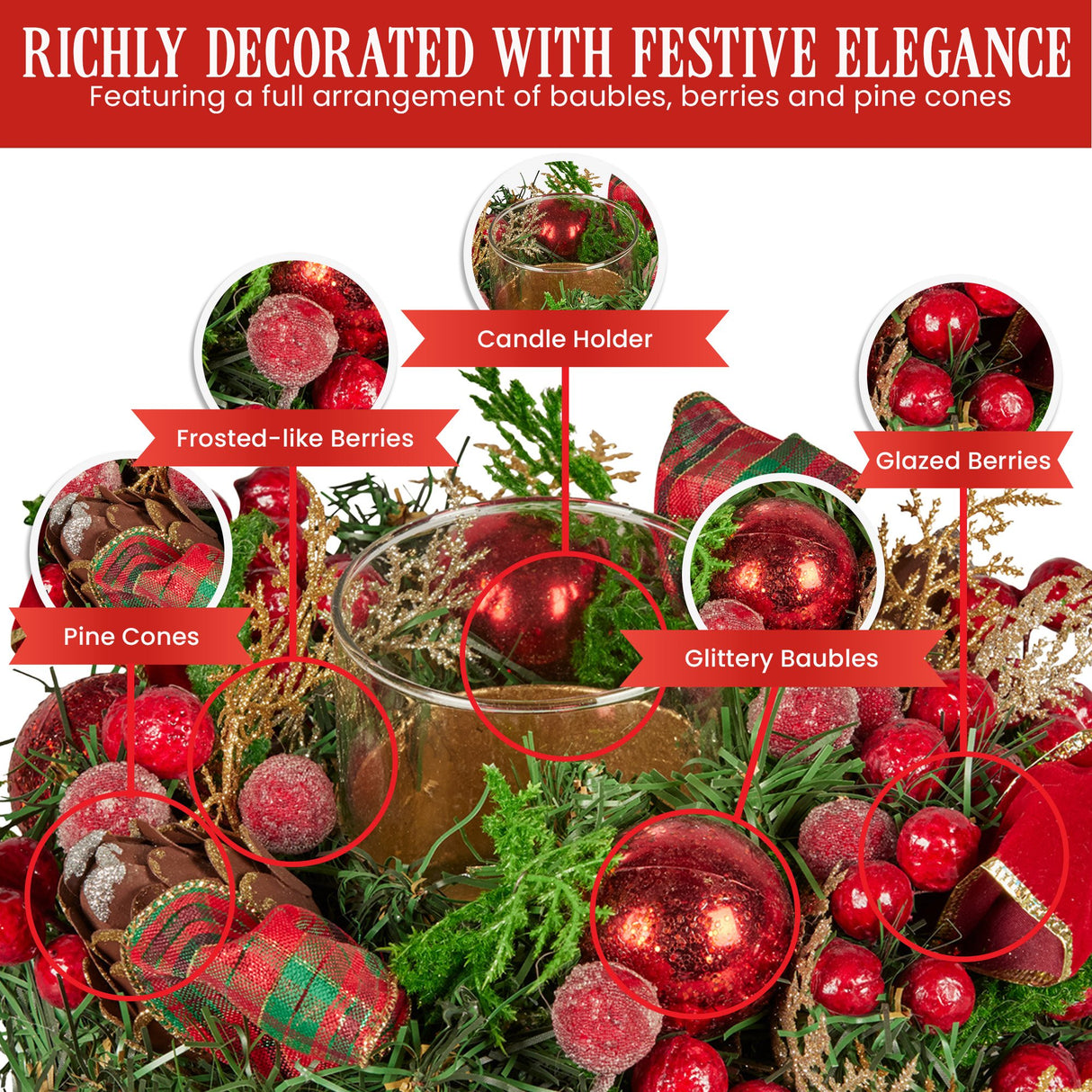 Christabelle 26cm Christmas Centrepiece Lush Green Decor Berries & Baubles