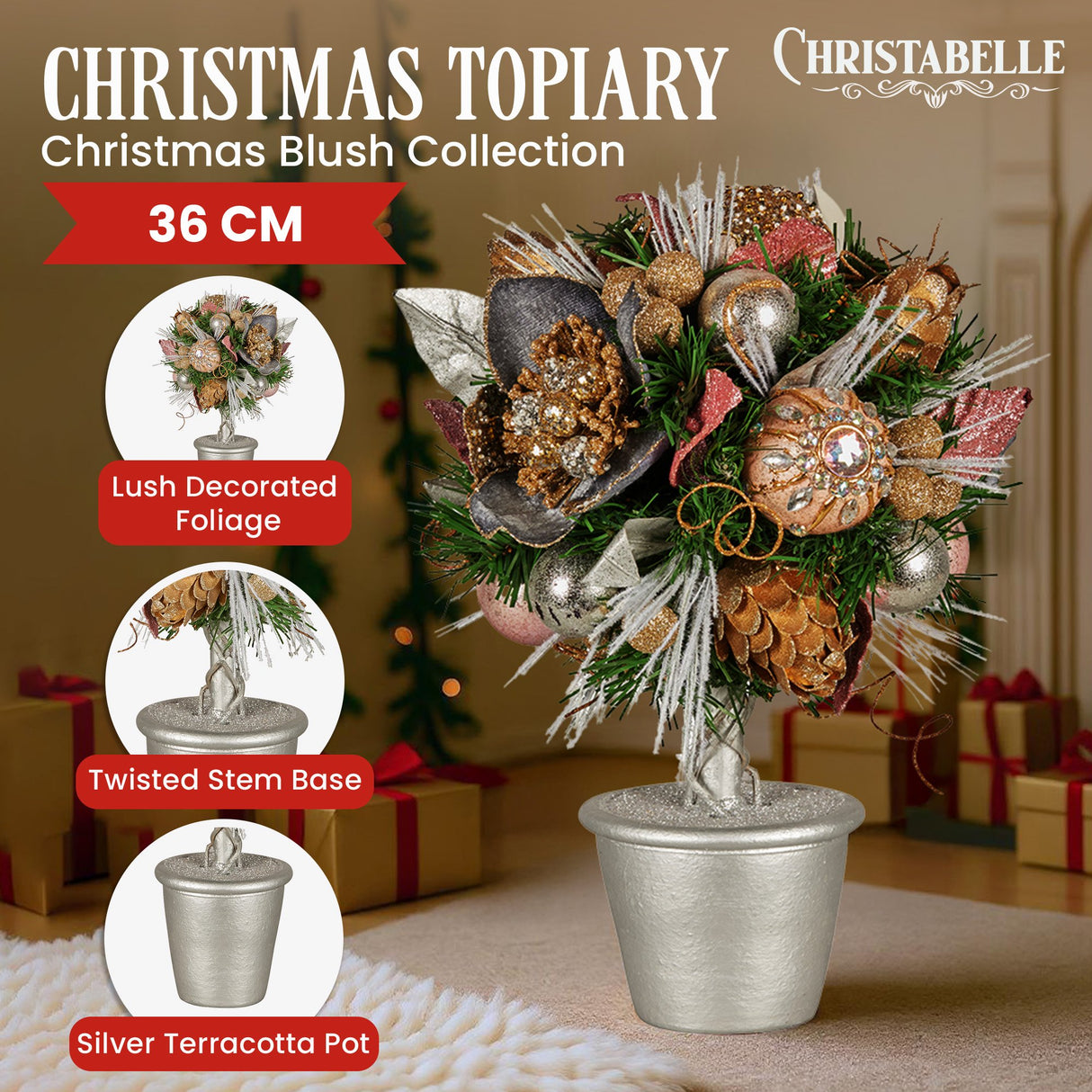 Christabelle 36cm Christmas Tabletop Topiary with Jewelled Baubles and Pine Cone