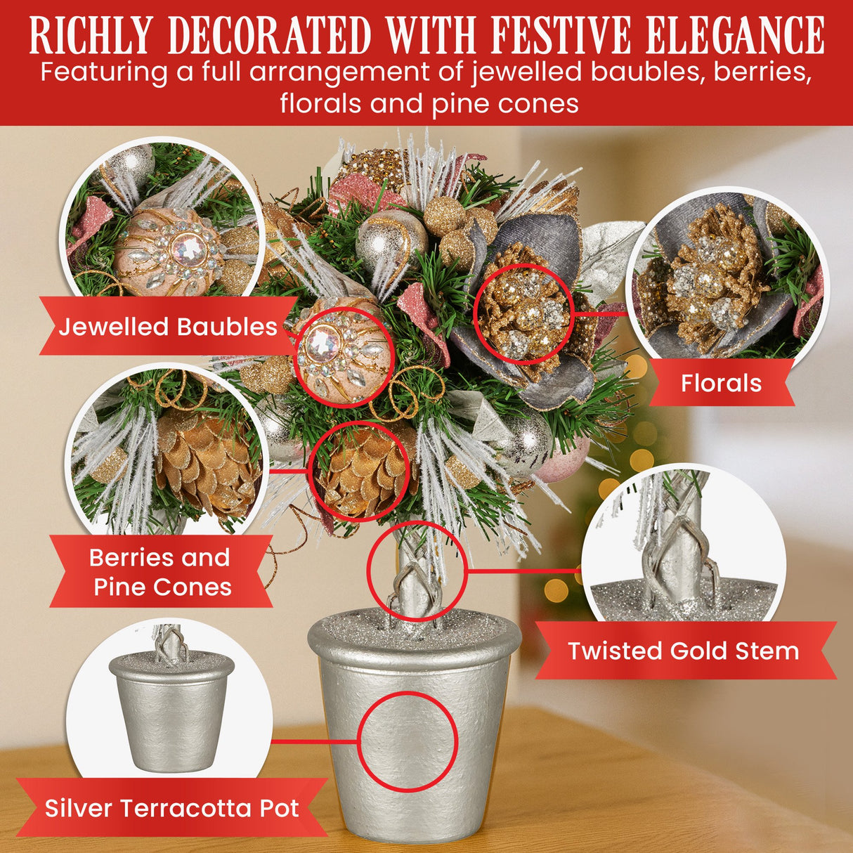 Christabelle 36cm Christmas Tabletop Topiary with Jewelled Baubles and Pine Cone