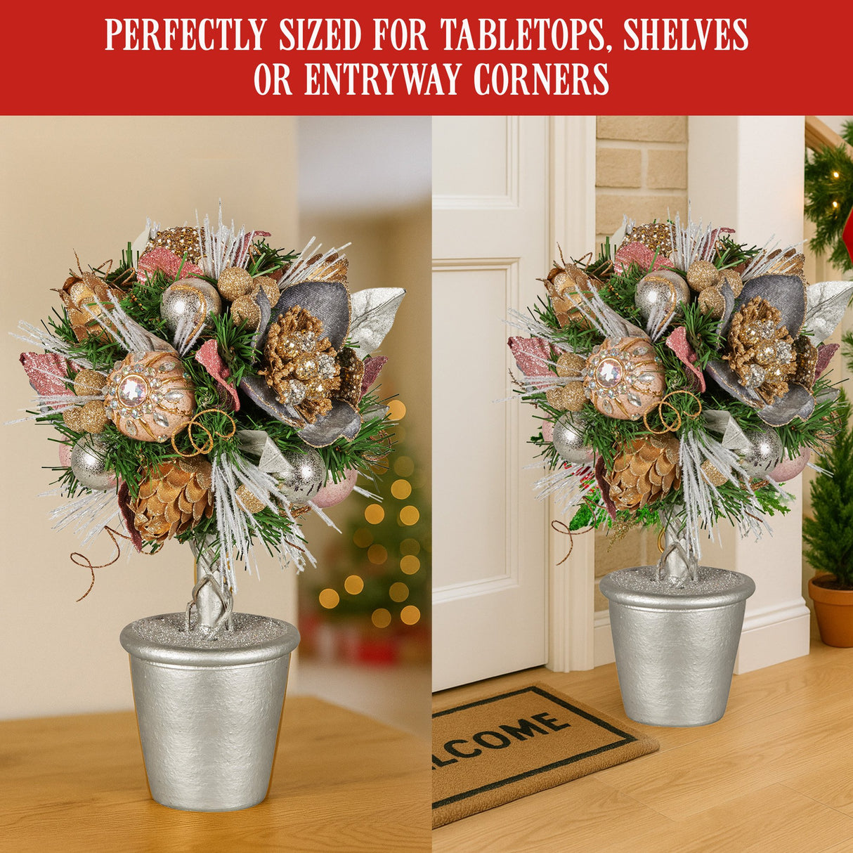 Christabelle 36cm Christmas Tabletop Topiary with Jewelled Baubles and Pine Cone