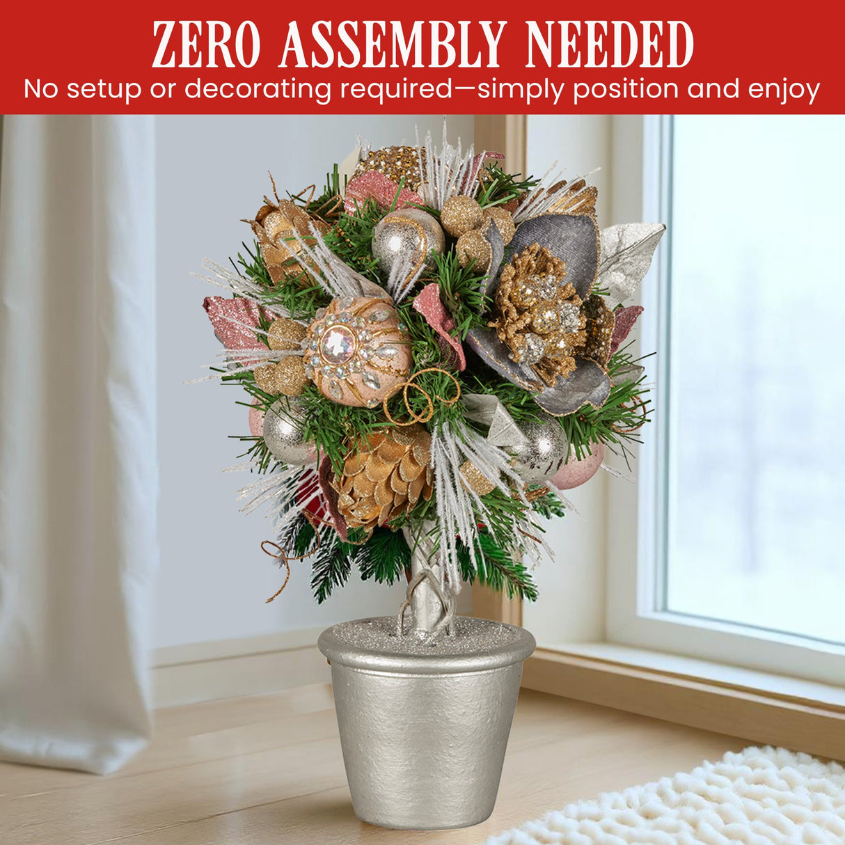 Christabelle 36cm Christmas Tabletop Topiary with Jewelled Baubles and Pine Cone