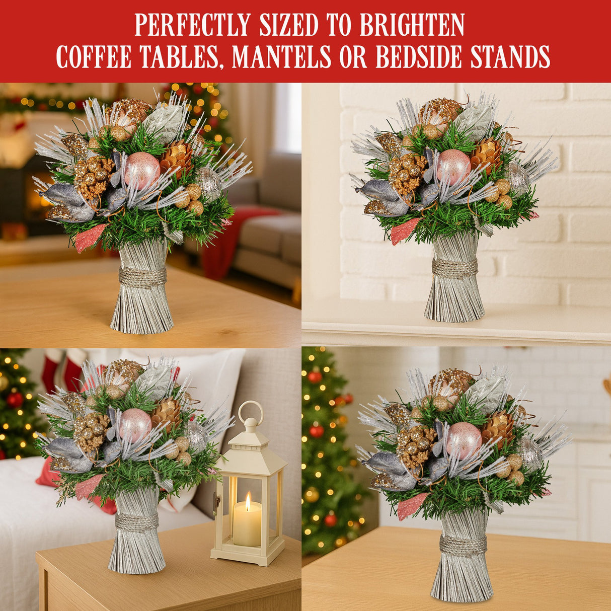 Christabelle 33cm Christmas Bouquet Pre Decorated Holiday Floral Arrangement w/Jewelled Baubles