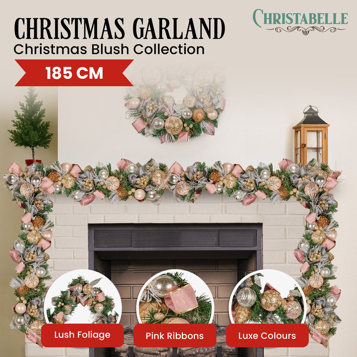 Christabelle 185cm Christmas Garland Lush Green Holiday Door Garland w/Jewelled Baubles, Flower