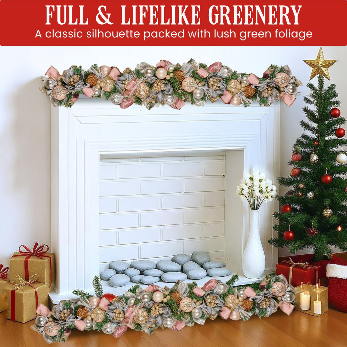 Christabelle 185cm Christmas Garland Lush Green Holiday Door Garland w/Jewelled Baubles, Flower
