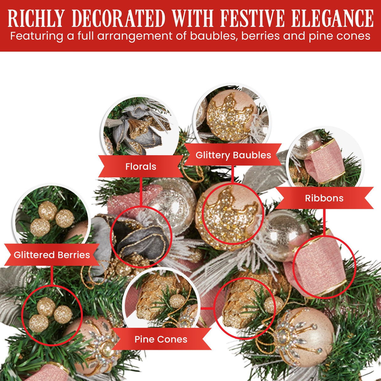 Christabelle 185cm Christmas Garland Lush Green Holiday Door Garland w/Jewelled Baubles, Flower