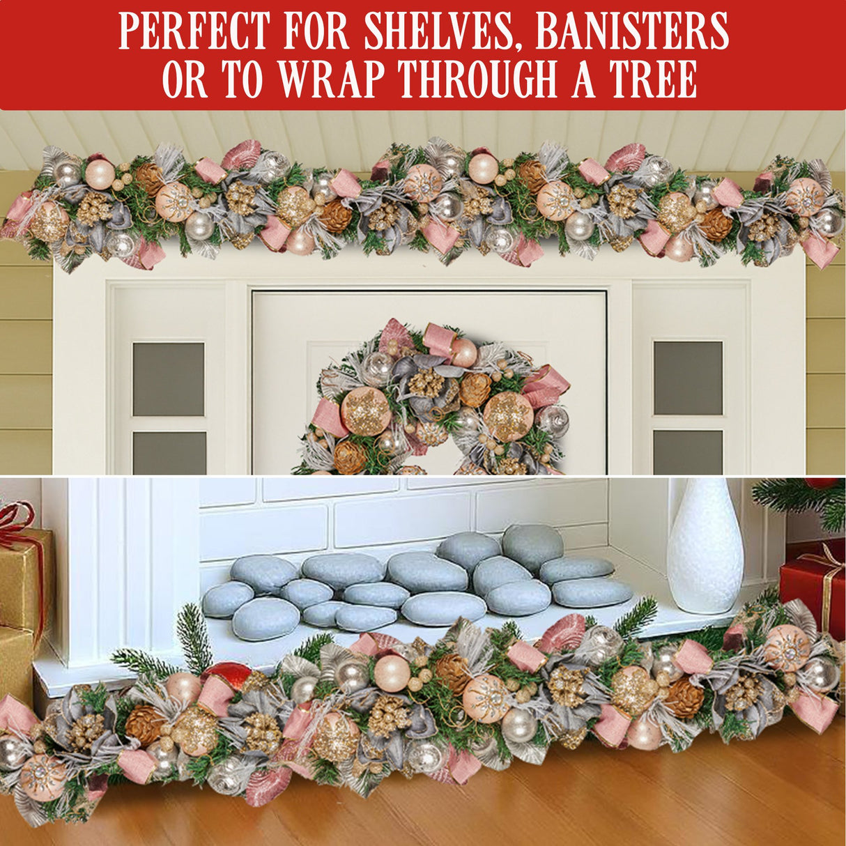 Christabelle 185cm Christmas Garland Lush Green Holiday Door Garland w/Jewelled Baubles, Flower
