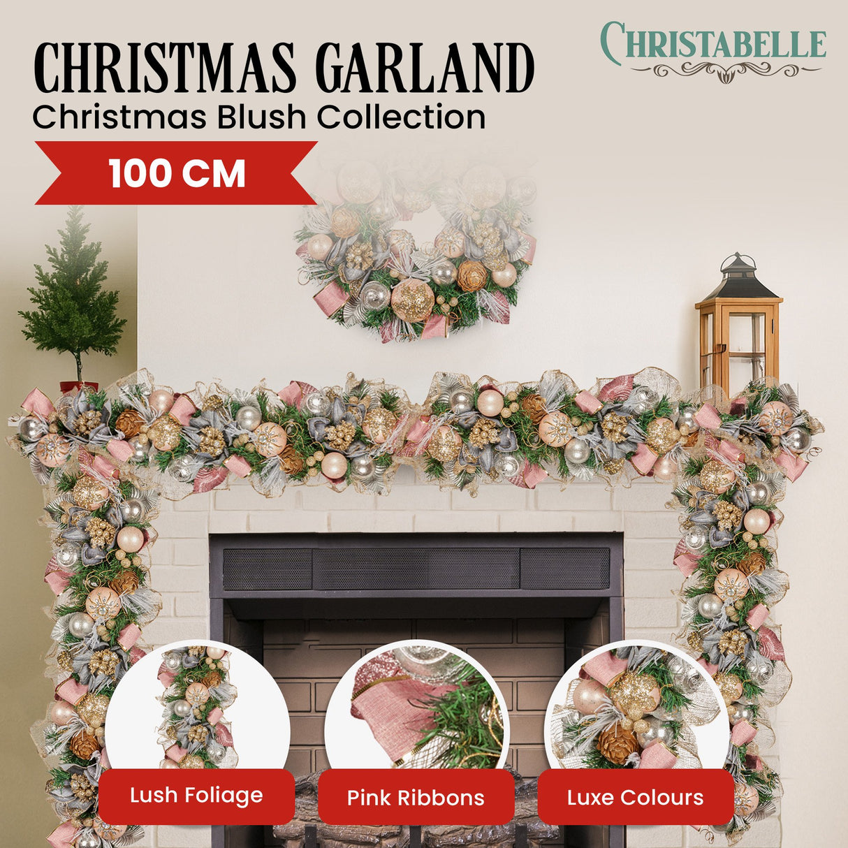 Christabelle 100cm Christmas Garland Lush Green Holiday Door Garland w/Jewelled Baubles & Berri