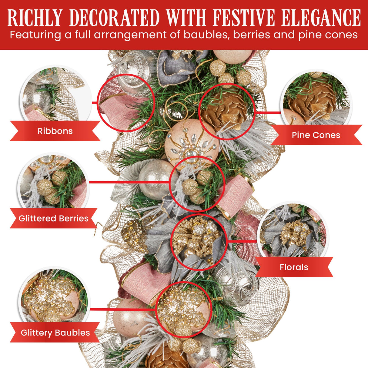 Christabelle 100cm Christmas Garland Lush Green Holiday Door Garland w/Jewelled Baubles & Berri