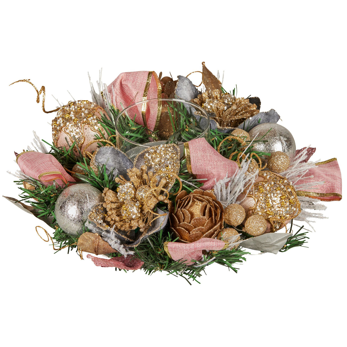Christabelle 26cm Christmas Centrepiece Lush Green Holiday w/Jewelled Baubles, Foliage, Flowers