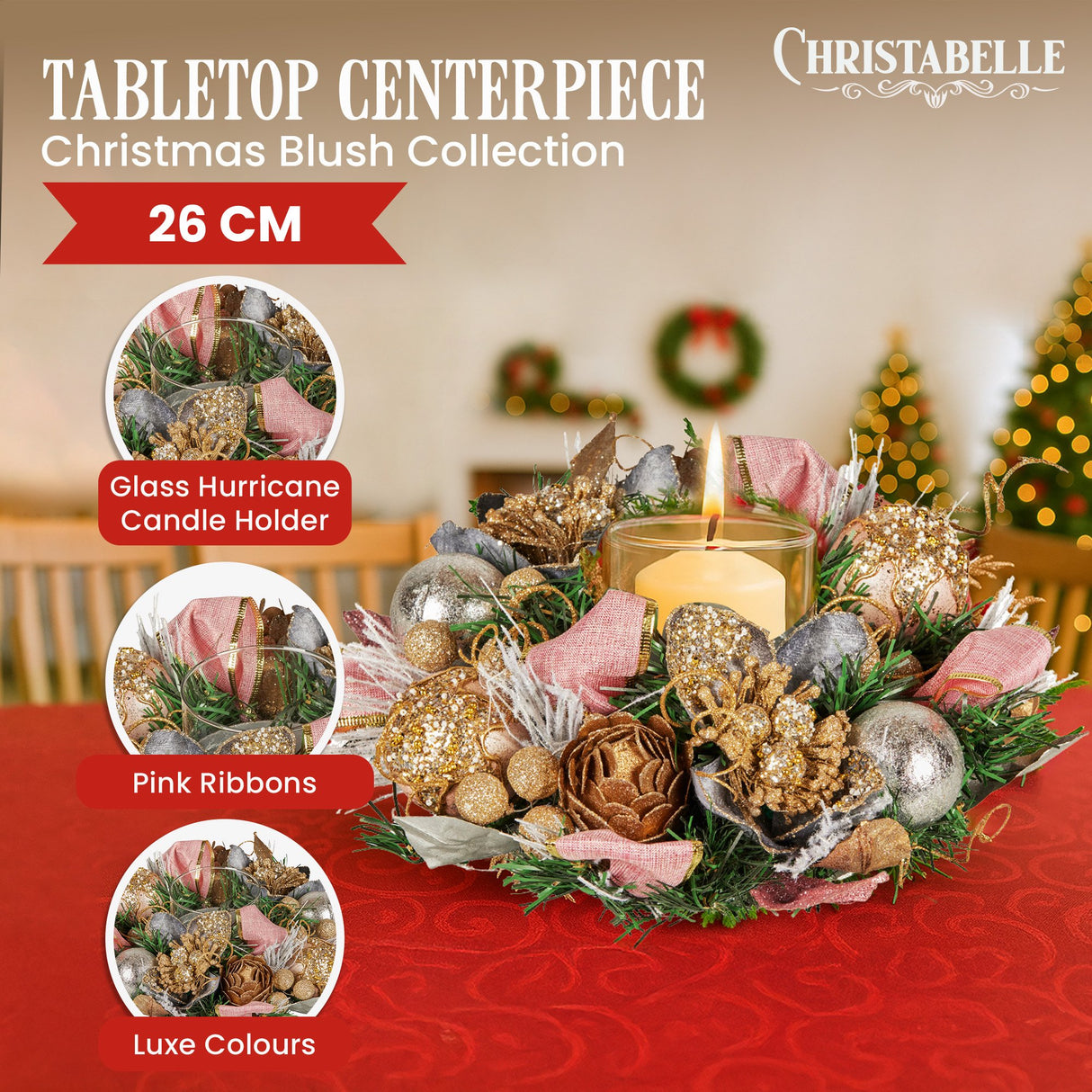 Christabelle 26cm Christmas Centrepiece Lush Green Holiday w/Jewelled Baubles, Foliage, Flowers