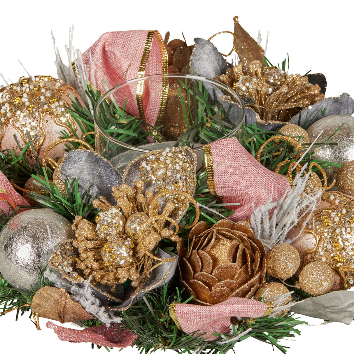 Christabelle 26cm Christmas Centrepiece Lush Green Holiday w/Jewelled Baubles, Foliage, Flowers