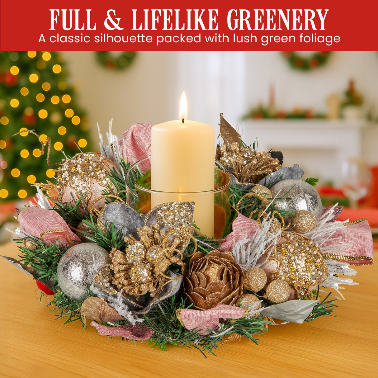Christabelle 26cm Christmas Centrepiece Lush Green Holiday w/Jewelled Baubles, Foliage, Flowers