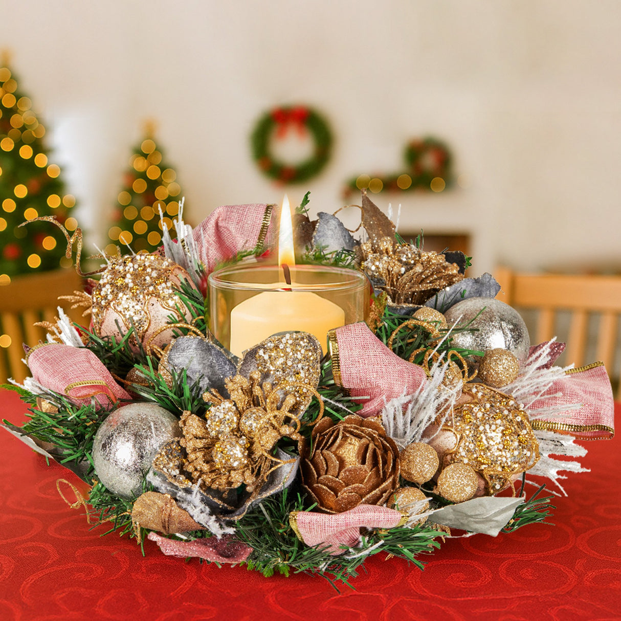 Christabelle 26cm Christmas Centrepiece Lush Green Holiday w/Jewelled Baubles, Foliage, Flowers
