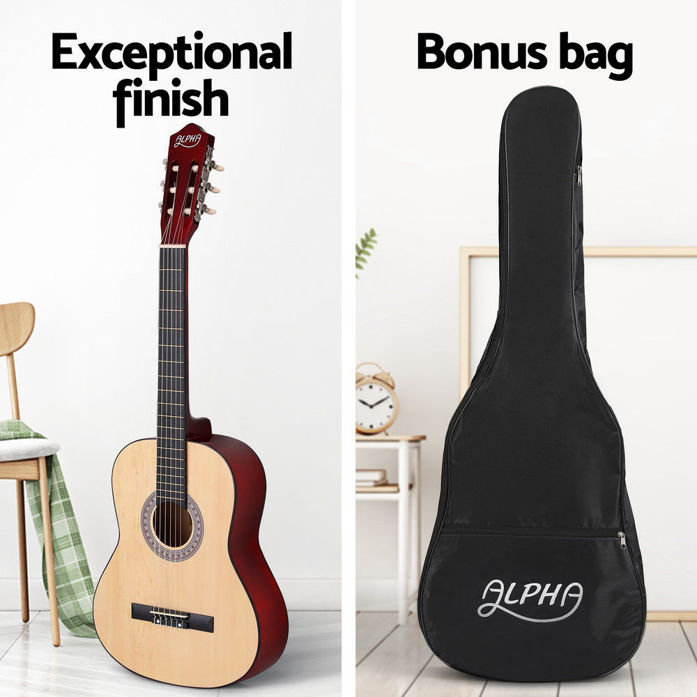 Alpha 39-Inch Classical Guitar for Beginners - Natural Wood Finish with Carry Bag and Extra Strings