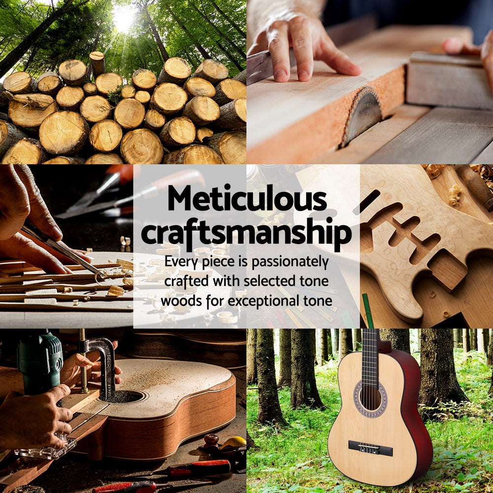 Alpha 39-Inch Classical Guitar for Beginners - Natural Wood Finish with Carry Bag and Extra Strings