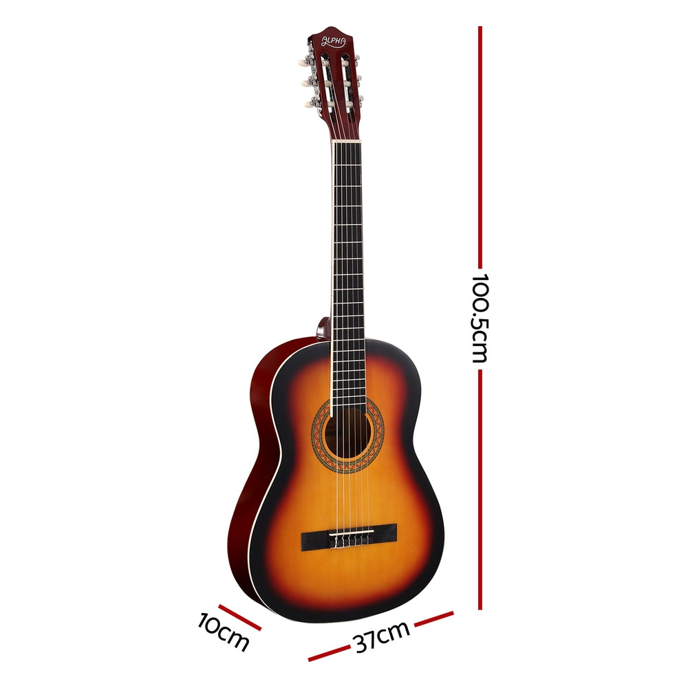 Alpha 39-Inch Beginner Classical Guitar with Wooden Body and Nylon Strings - Sunburst Finish