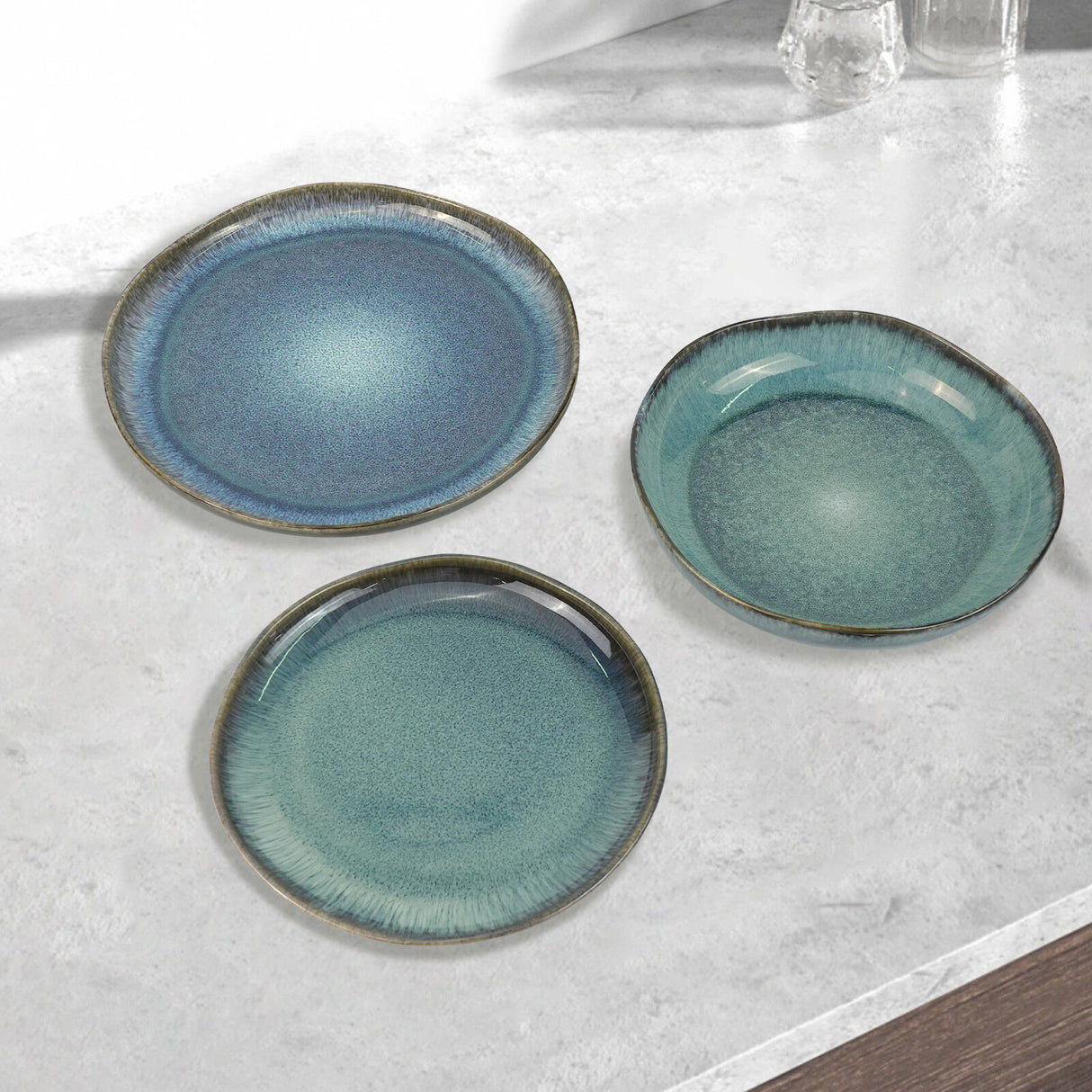 3 Pieces Reactive Glazed Ceramic Organic Fine Dinner Set with Plate and Bowl - Earthy Aqua