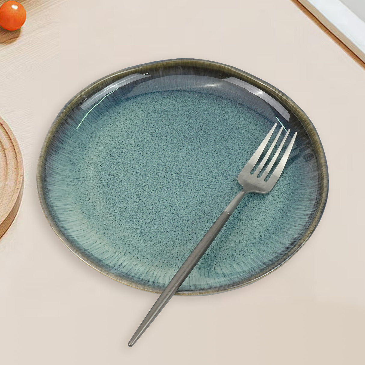 3 Pieces Reactive Glazed Ceramic Organic Fine Dinner Set with Plate and Bowl - Earthy Aqua