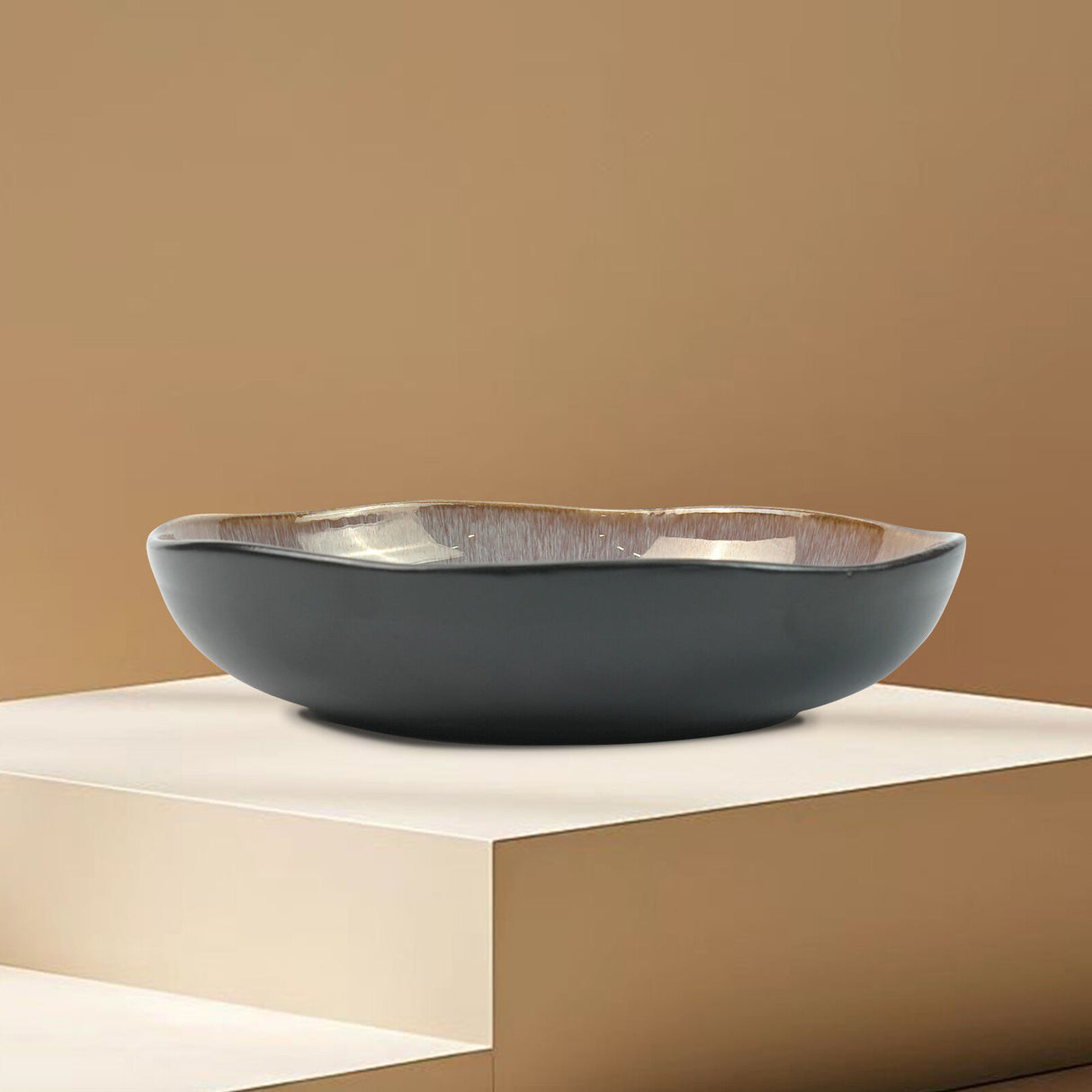 3 Pieces Reactive Glazed Ceramic Organic Fine Dinner Set with Plate and Bowl - Blue Brown