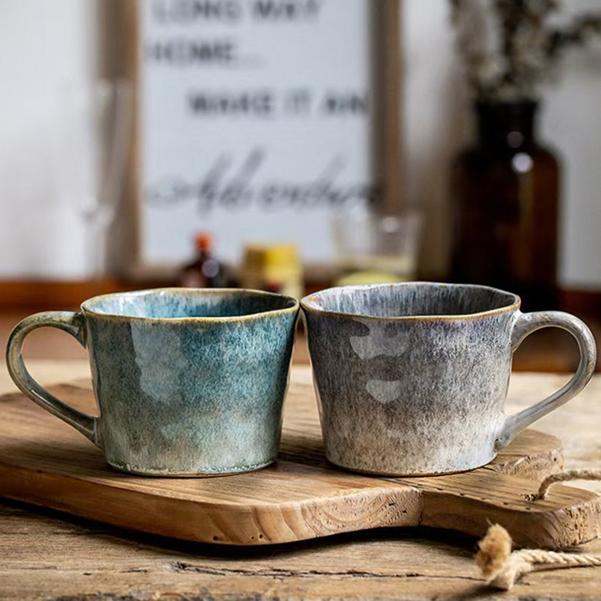 2X Reactive Glazed Ceramic Organic Coffee Mug 350ml - Earthy Grey Blue