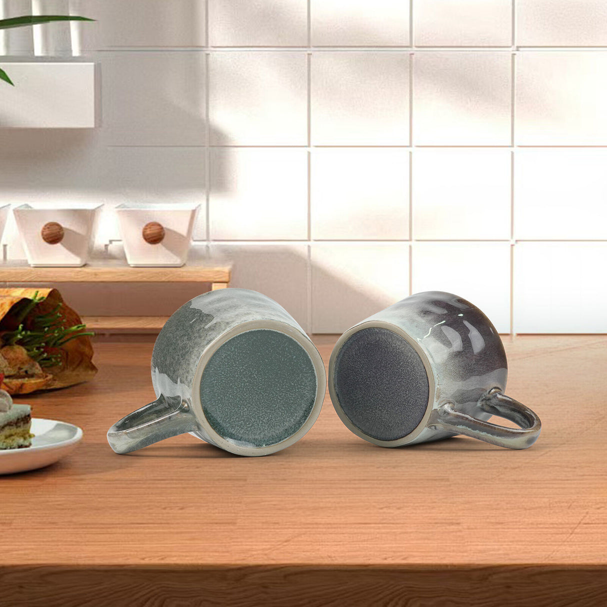 2X Reactive Glazed Ceramic Organic Coffee Mug 350ml - Earthy Grey Blue