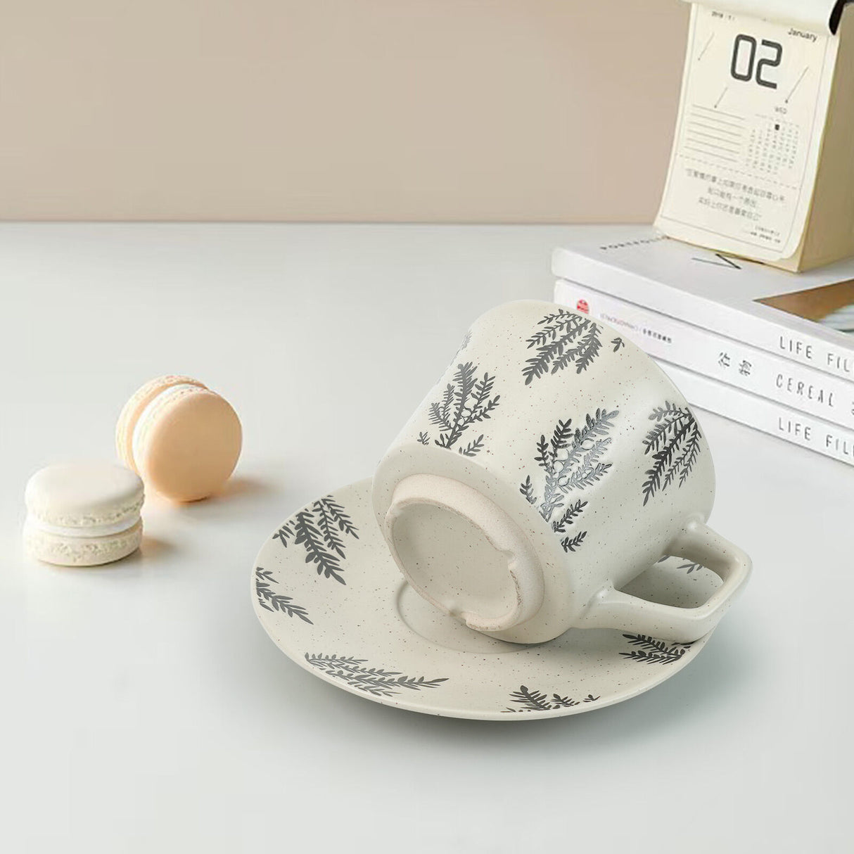 High-Fired Ceramic Stoneware Speckle Cup & Saucer Set 380ml Floral - EARTHY GREY