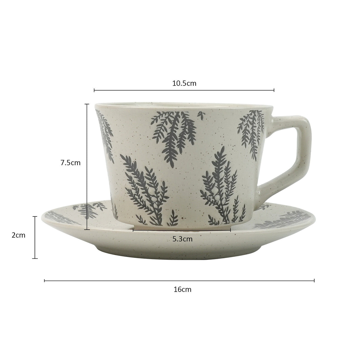 High-Fired Ceramic Stoneware Speckle Cup & Saucer Set 380ml Floral - EARTHY GREY