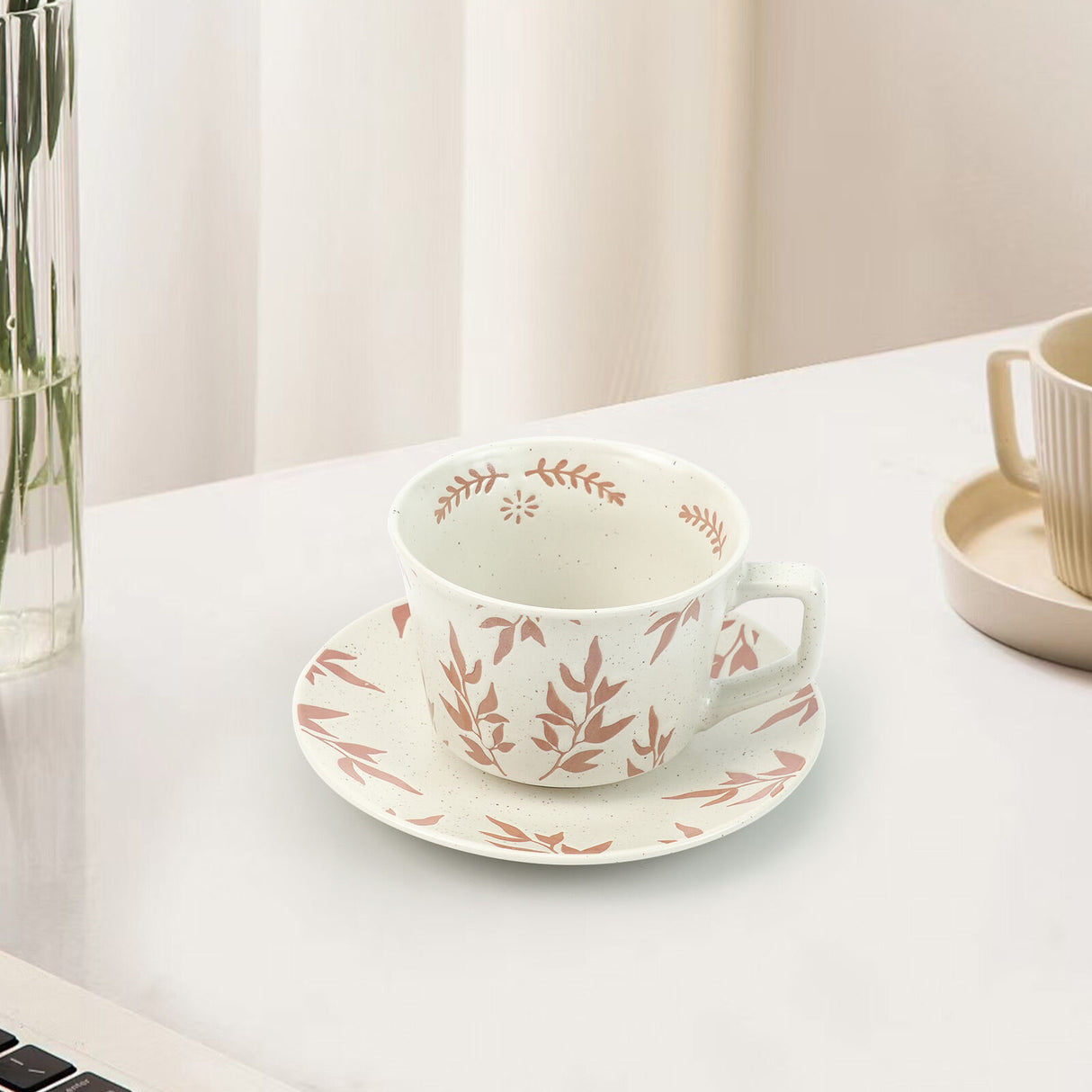High-Fired Ceramic Stoneware Speckle Cup & Saucer Set 380ml Floral - EARTHY RED
