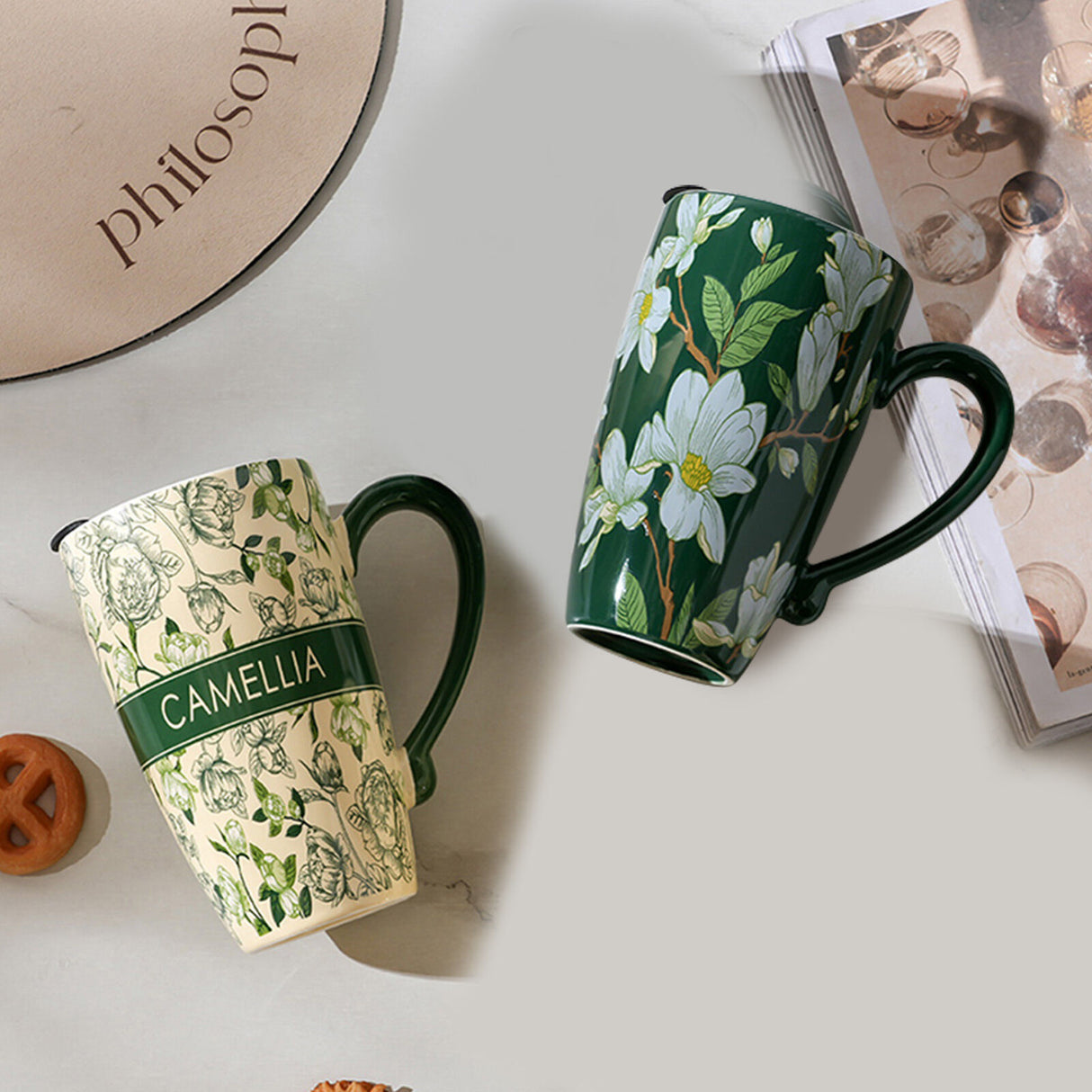 2X High-Fired Ceramic Travel Mug 600ml Vintage Floral - GREEN