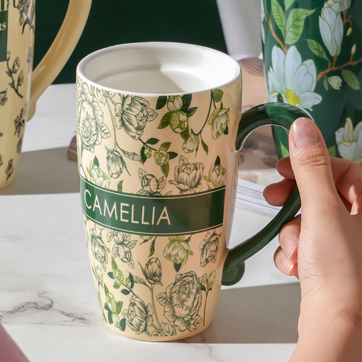 2X High-Fired Ceramic Travel Mug 600ml Vintage Floral - GREEN