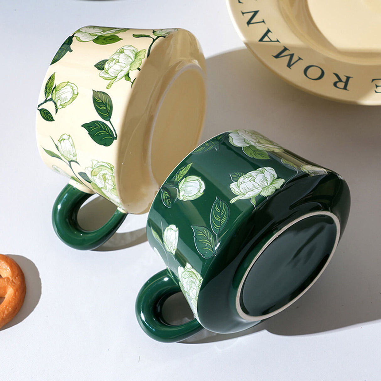 2X High-Fired Ceramic Cup & Saucer Set 300ml Vintage Floral - GREEN