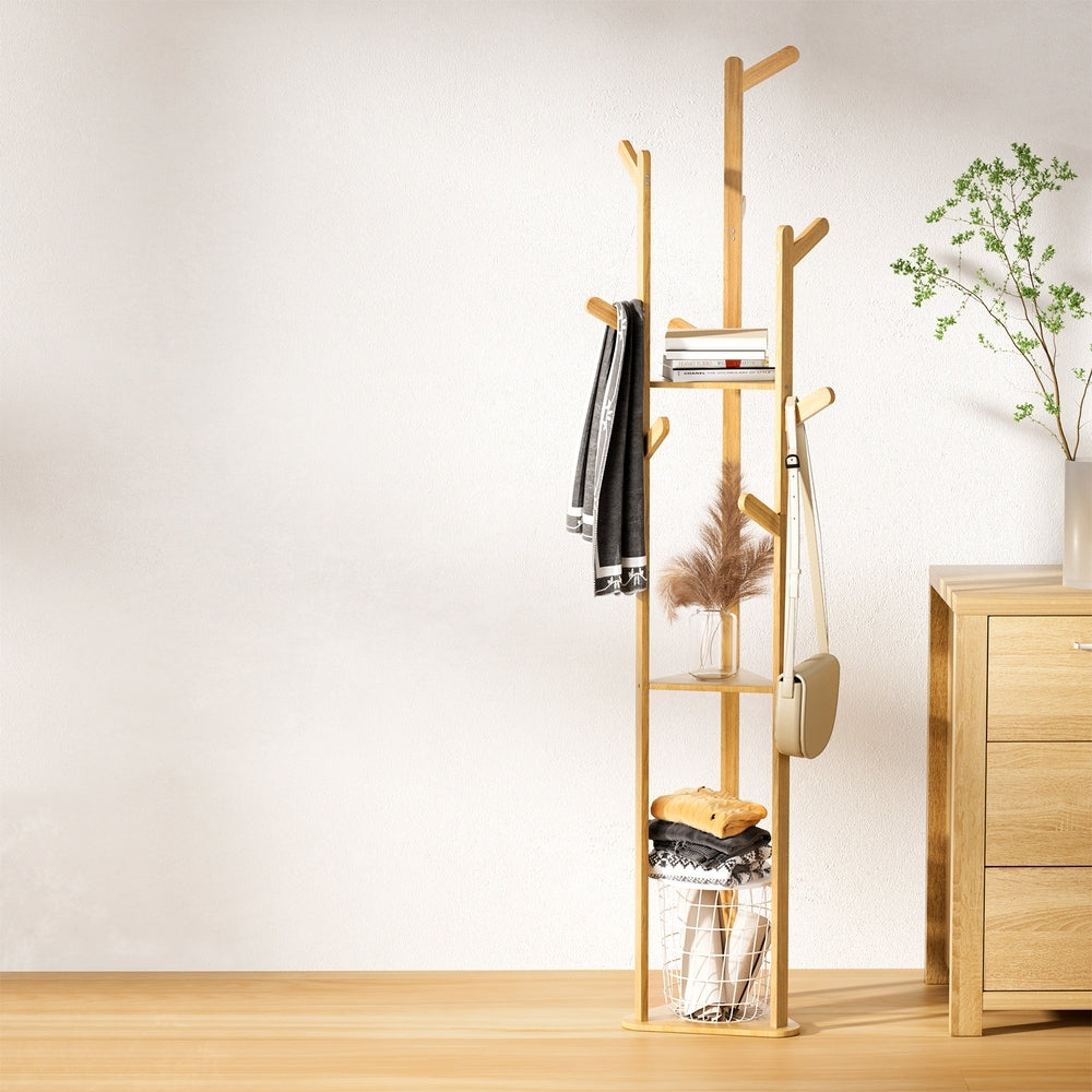 Bamboo 3-Tier Garment Rack with 9 Hooks and Tree Design