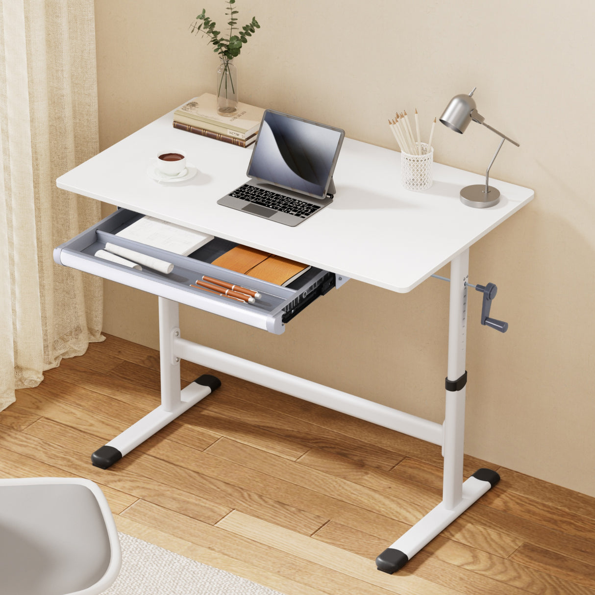 Artiss Manual Standing Desk Height Adjustable Workstation Computer Desks Study 100CM White