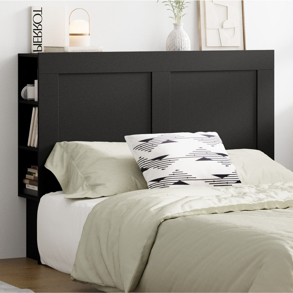 Oikiture Headboard Double Size Bedhead with Storage Shelves Black