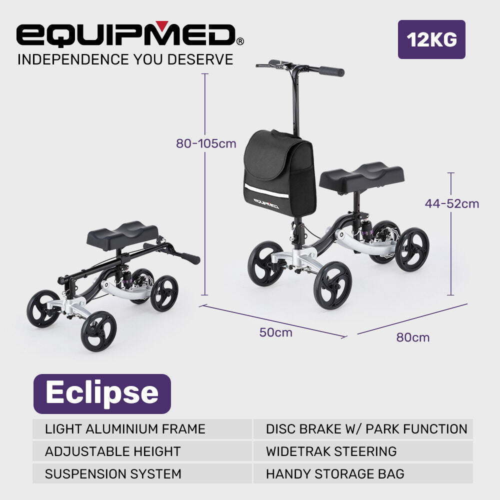 EQUIPMED Eclipse 136kg Capacity SoftRide Suspension Premium Knee Scooter - Silver
