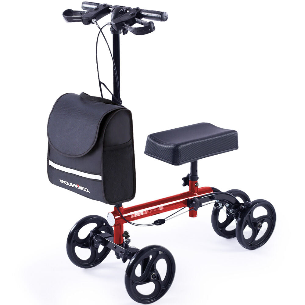 Equipmed Knee Scooter Walker, Dual Brakes - Bag - Broken Leg Ankle Foot Mobility - Crutches Alternative - Red