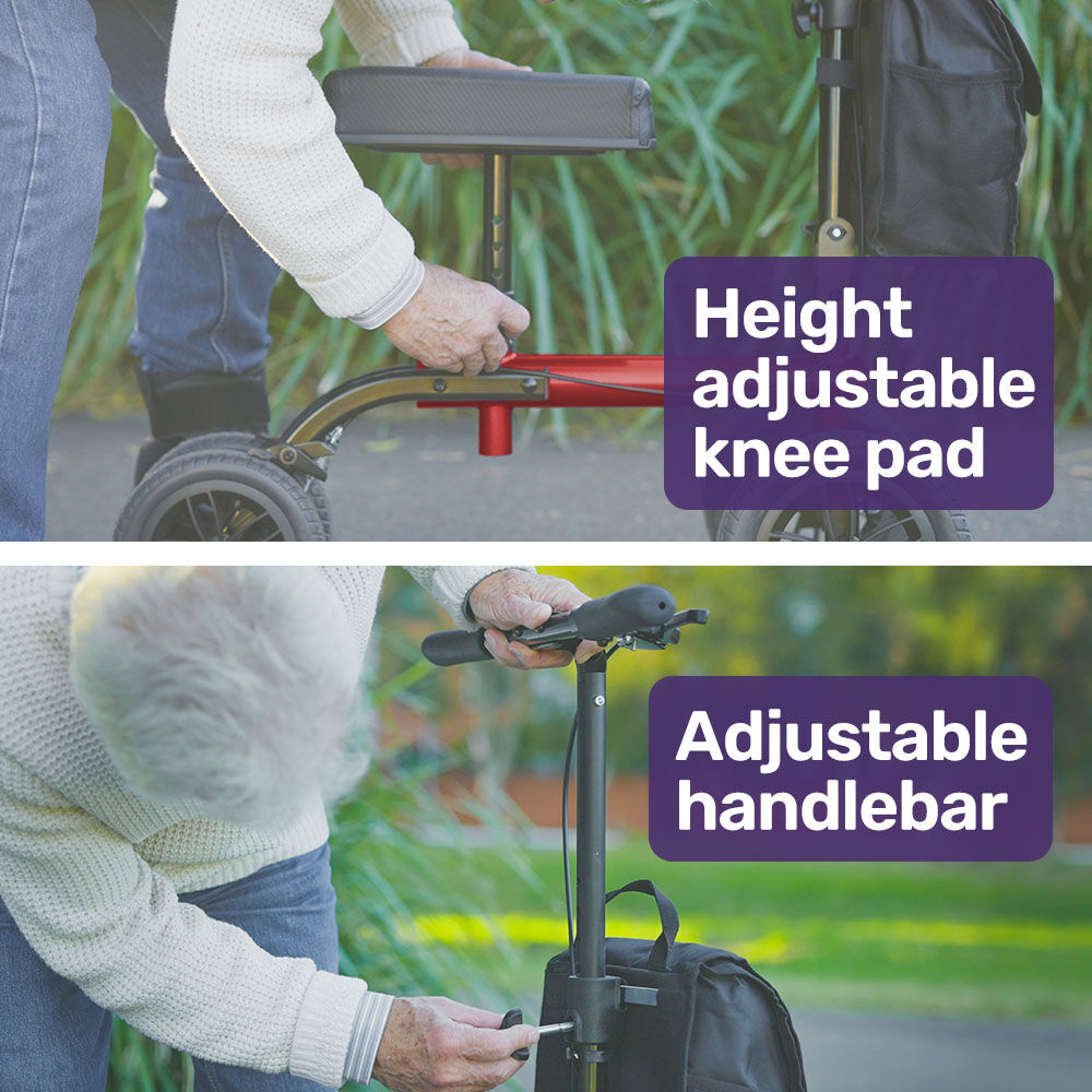 Equipmed Knee Scooter Walker, Dual Brakes - Bag - Broken Leg Ankle Foot Mobility - Crutches Alternative - Red