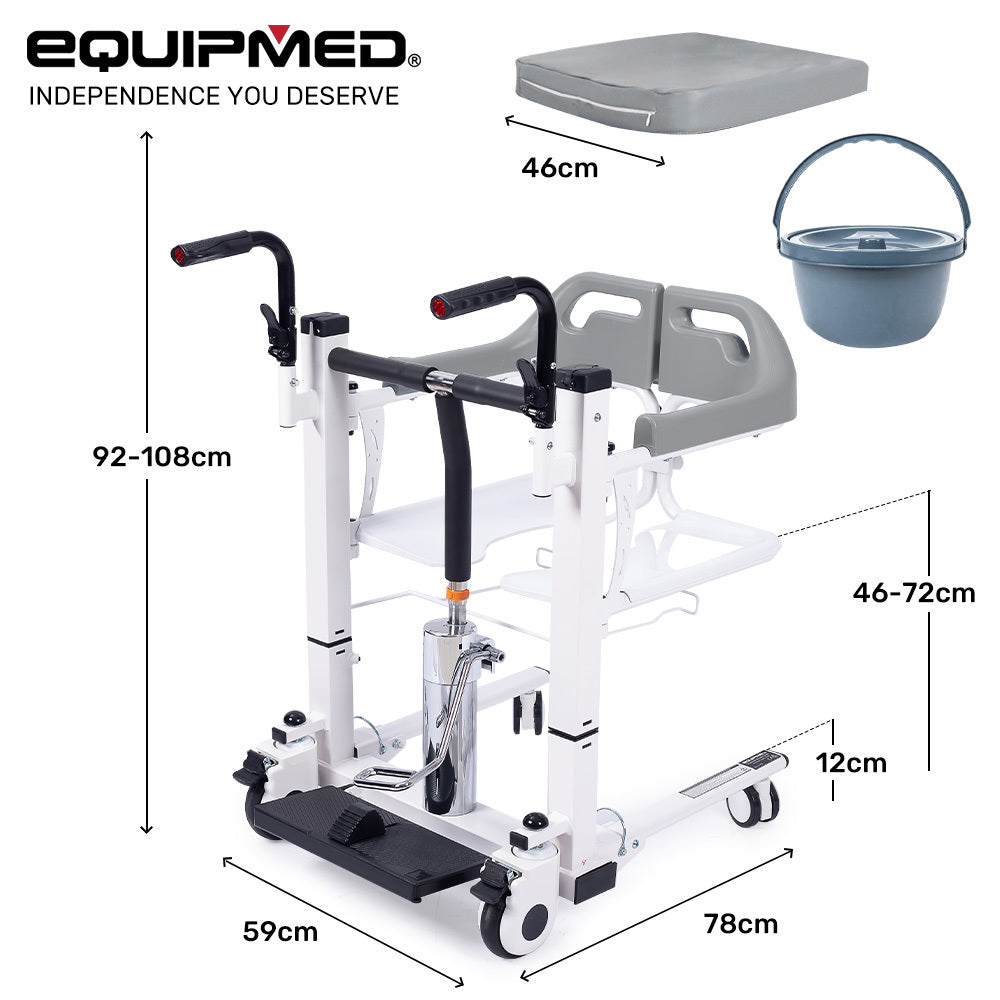 EQUIPMED 4in1 Patient Lift Transfer Chair, Easy Hydraulic Height Adjustment, Shower Compatible, Over Toilet, Removable Commode, for Seniors Elderly Disabled