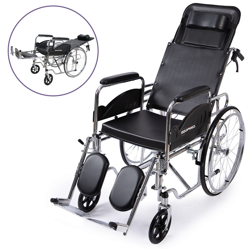 Equipmed Folding Manual Reclining Wheelchair Self Propelled, 24' Rear Wheels, Chrome Steel Frame, 46cm Wide Seat, 100kg Capacity, Park Brakes