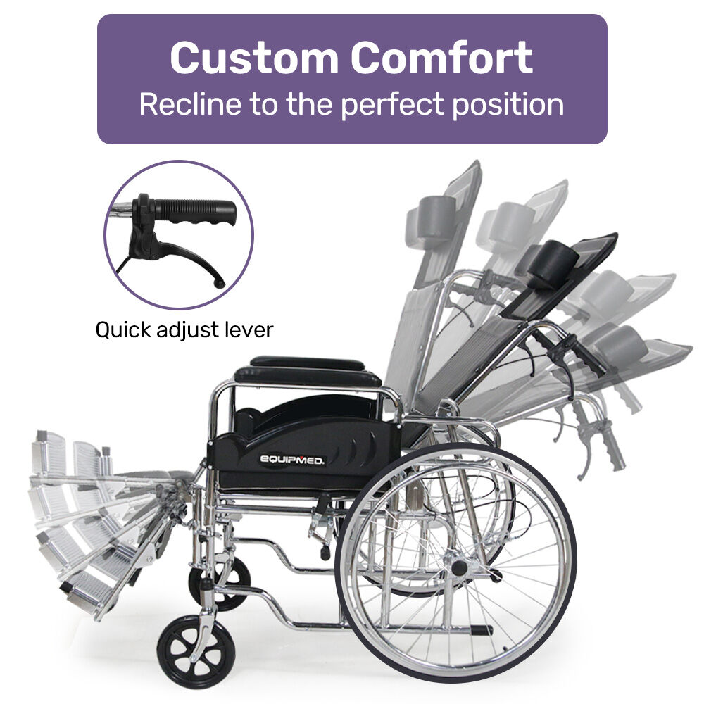 Equipmed Folding Manual Reclining Wheelchair Self Propelled, 24' Rear Wheels, Chrome Steel Frame, 46cm Wide Seat, 100kg Capacity, Park Brakes