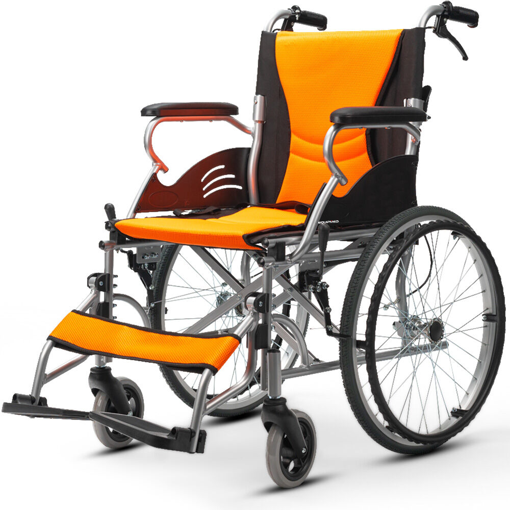 EQUIPMED Folding Aluminium Wheelchair, 20' Wheels, Park Brakes, 100kg Capacity, Orange