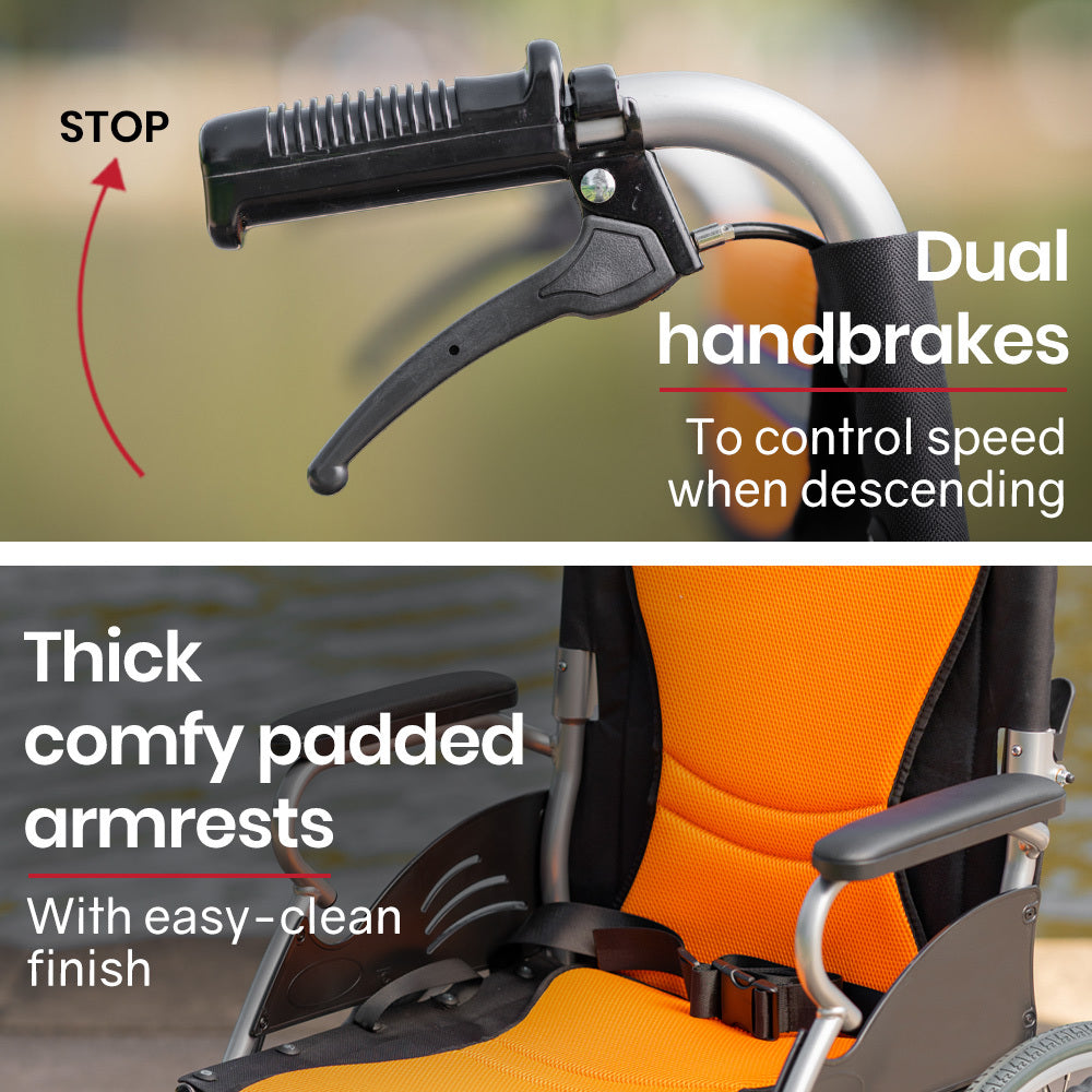 EQUIPMED Folding Aluminium Wheelchair, 20' Wheels, Park Brakes, 100kg Capacity, Orange