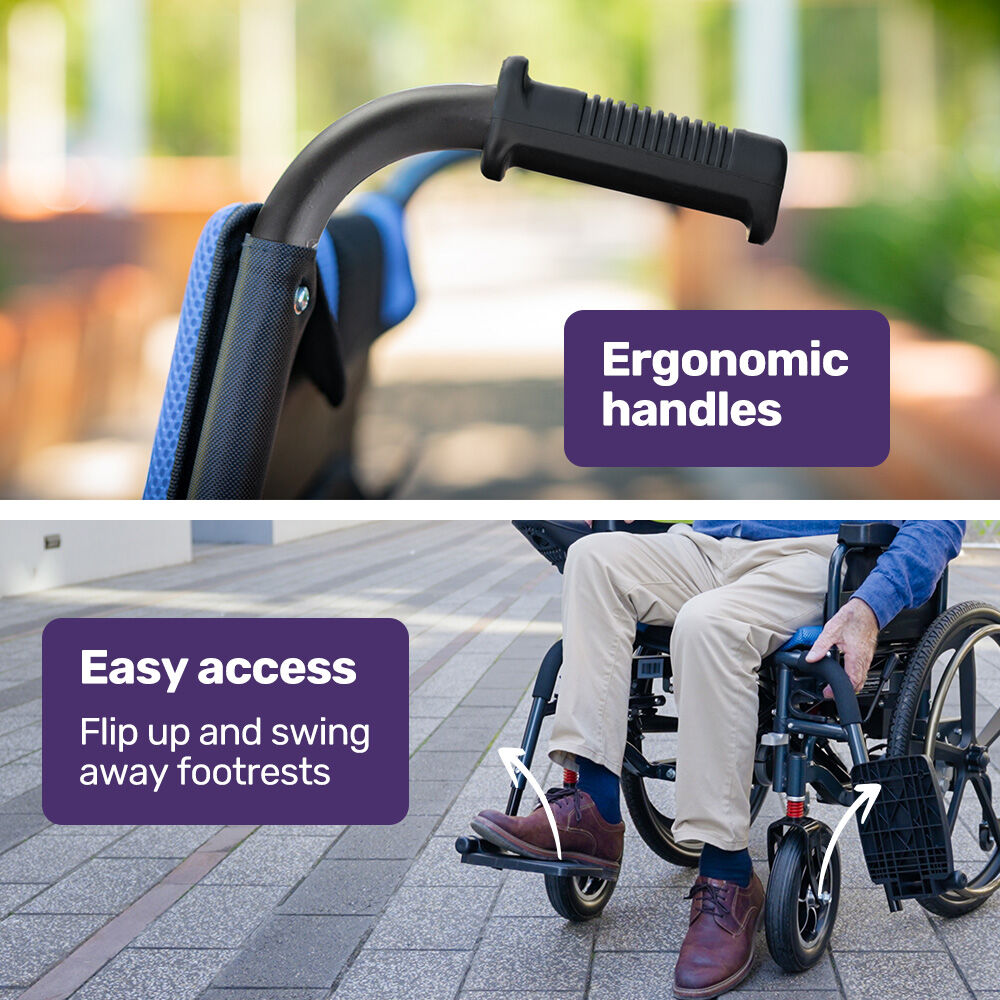 EQUIPMED Electric Wheelchair Folding, Long Range, Airline Approved, Lithium Battery, 24' Light Rear Wheels, Matte Black/Blue