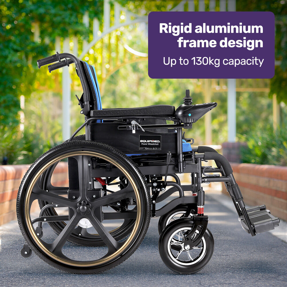 EQUIPMED Electric Wheelchair Folding, Long Range, Airline Approved, Lithium Battery, 24' Light Rear Wheels, Matte Black/Blue