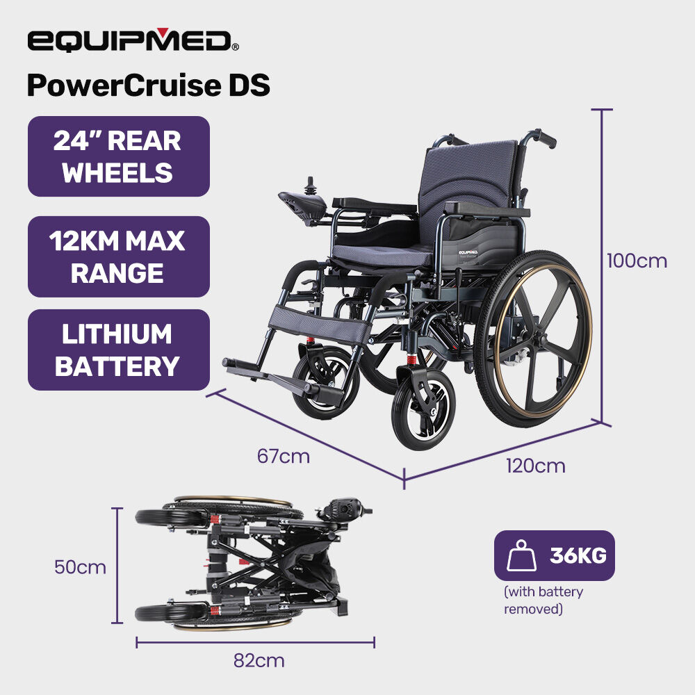 EQUIPMED Electric Wheelchair Folding, Airline Approved, Long Range, Lithium Battery, 24' Rear Wheels, Black